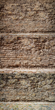 Collection of images with old cracked plaster and brick wall. Abandoned exterior urban backgrounds