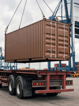 Shipping container lifted by crane onto trailer