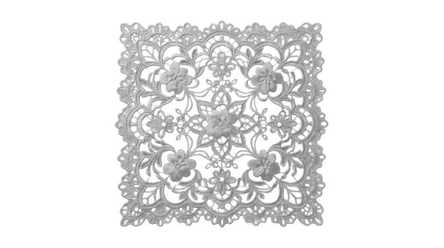 Square grey embroidered lace doily with floral motifs on a transparent background
