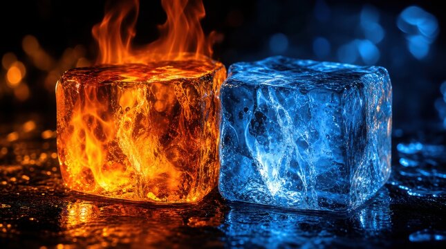 Two ice cubes, one engulfed in flames and the other glowing blue, symbolize contrasting elements of fire and ice in a dramatic close-up.
