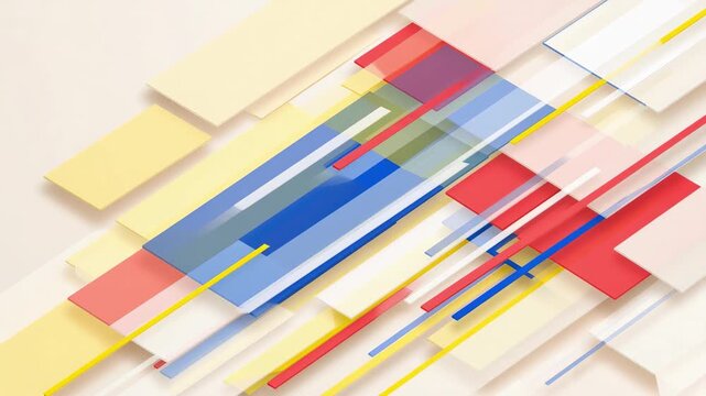 Abstract geometric layers and colorful lines in a clean graphic style on a warm white background, symbolizing modern creativity