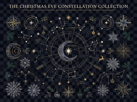 Celestial christmas constellation design elements set with showcases collection celestial festive vector illustrations with illustrations