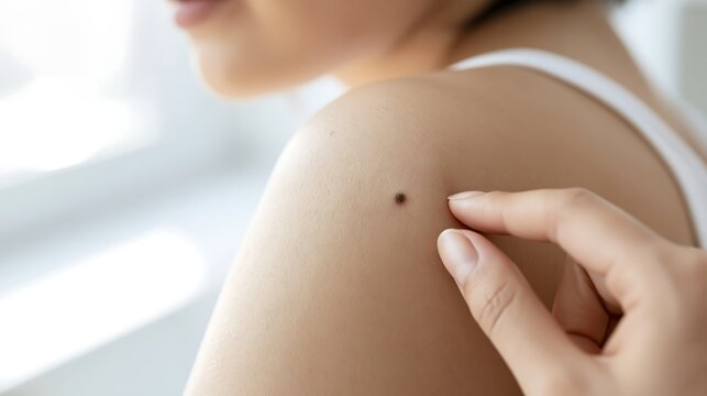 Close-up of a woman inspecting a dark mole on her shoulder, representing melanoma warning signs, skin cancer screening and early detection in medical campaigns