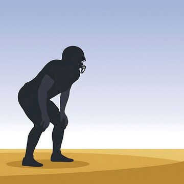 Football player in crouched position on field at dusk