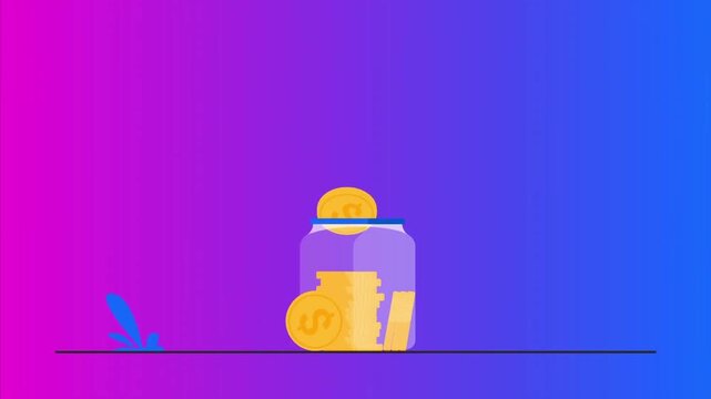 Golden dollar coins falling into transparent glass jar creating financial growth savings concept in animated motion clip for digital marketing