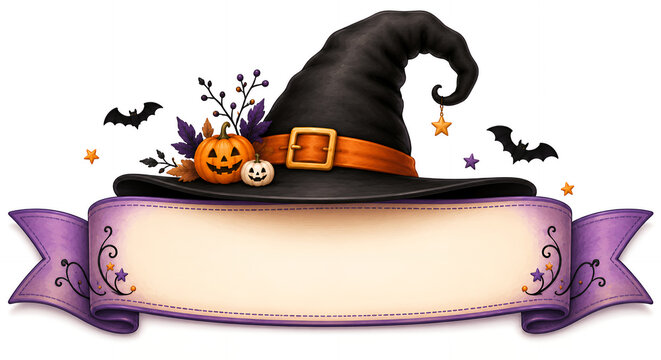 魔女の帽子とかぼちゃを飾ったハロウィンのリボンバナー