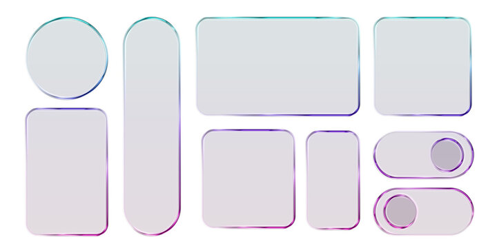 Transparent glass elements with liquid morphism effect for ui design and modern interfaces. Rounded rectangles, circles and buttons with frosted blur overlay Glassmorphism components for web or app