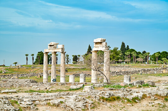 Ancient columns and historic ruins in the ancient city of Hierapolis near Pamukkale, an archaeological site and World Heritage Site in Denizli, Turkey