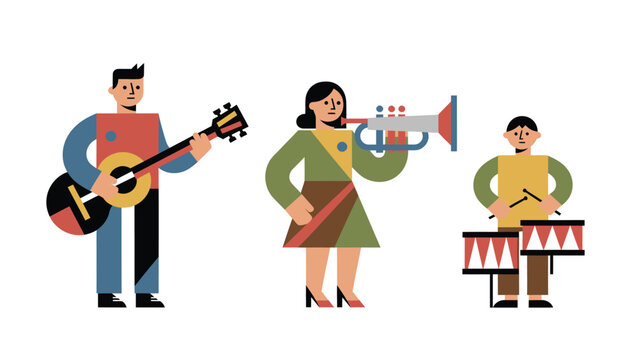 A diverse group of musicians playing instruments in a marching band formation, creating a lively performance.