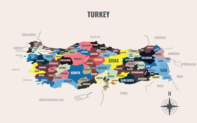 Naklejka premium turkey Country into Town in a minimalist colorful style map showing