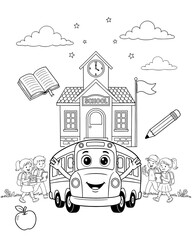 Naklejka premium Coloring page of smiling school bus graphic with educational items and students school building cartoon bus back to school line art black and white