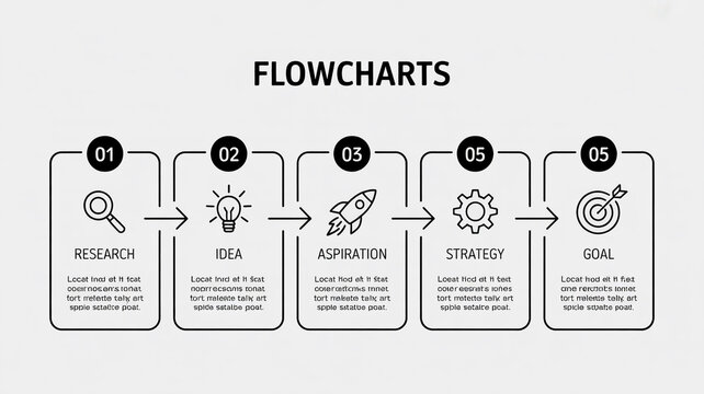 Black and white flowchart diagrams on white background illustrating business process steps and decision-making workflows with problem solving