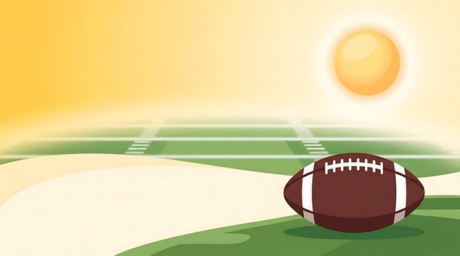 Football on sunny field with end zone and bright sun