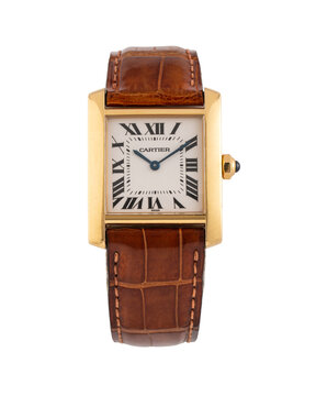 Cartier quartz watch, Tank Francaise model, 1980s-1990s, reference 1821, 18kt yellow gold case with white dial. Milan, Italy, February 27, 2026