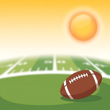 American football on green field with bright sun in background