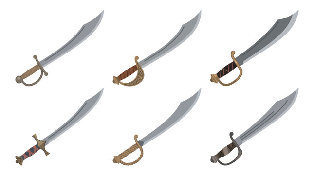 Six different pirate cutlasses or sabers with various hilt designs and blade shapes.