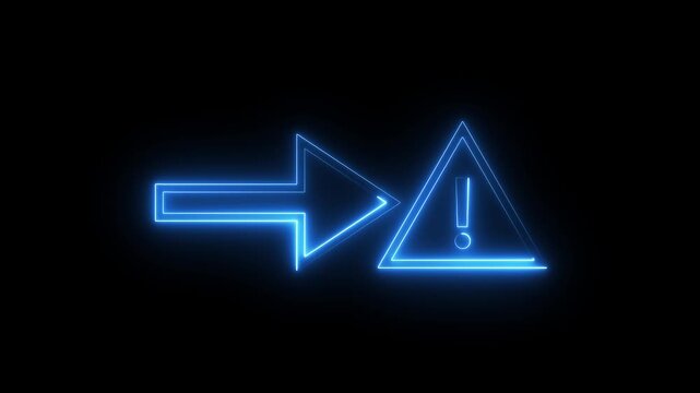 Neon blue arrow pointing at warning triangle symbol glowing on black motion background design.