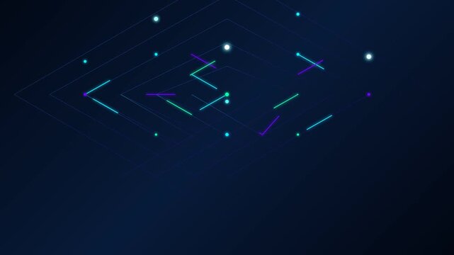 Isometric digital data matrix grid featuring glowing neon teal and purple lines with white light nodes on dark blue background, visualizing futuristic technology and big data flow.
