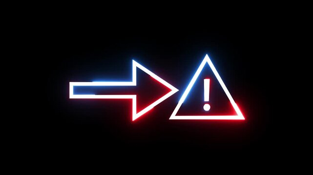 Neon arrow and warning triangle sign flashing in bright blue and red against black space.