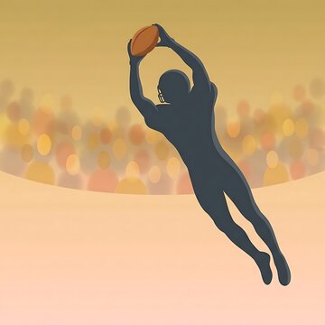 American football player silhouette catching ball in stadium with blurred crowd