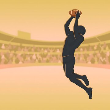 American football player leaping to catch a ball in a packed stadium