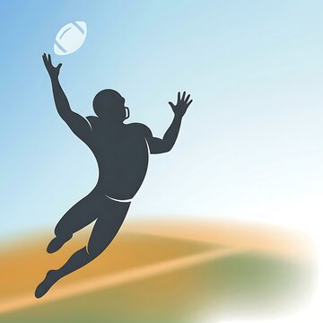 Football player catching ball in mid-air on field