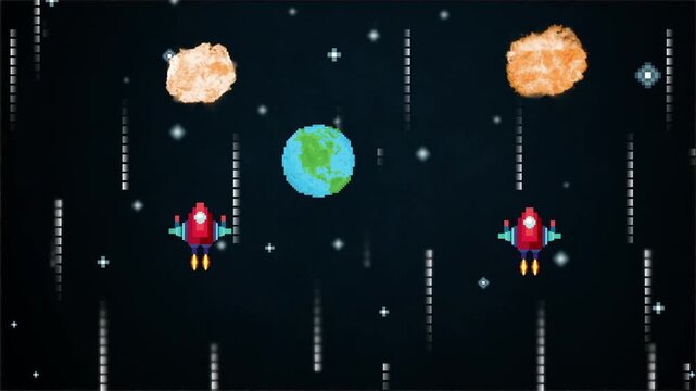 Retro spaceship pixel art fighting through space obstacles in this dynamic animated video game style motion clip for creative projects