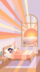 Fototapeta premium A woman sleeps peacefully in a cozy bedroom as warm morning sunlight and sunrise rays fill the space through a window.
