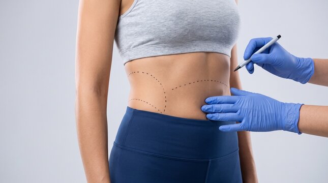 Doctor marking patient abdomen for cosmetic surgery, symbolizing plastic surgery planning, body contouring, aesthetics, and medical care.
