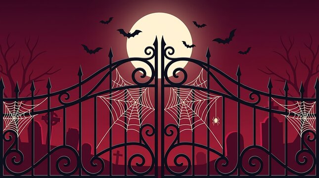 Halloween graveyard gate with spiderwebs and a full moon vector illustration
