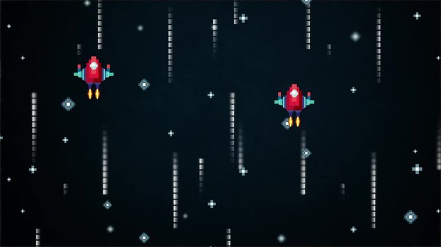 Red rocket ships flying through deep space in this pixel art retro gaming animation video with falling glowing data lines