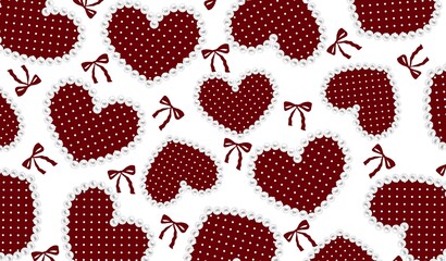 Coquette aesthetic seamless pattern with burgundy polka dot hearts, pearls, and red bows. Romantic Valentine's Day seamless pattern with pearl bordered hearts and red ribbons on white © Wulandari