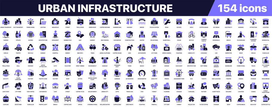 Urban infrastructure icon collection in colored style. Set of city buildings, roads, transportation, utilities, architecture, construction and public service icons