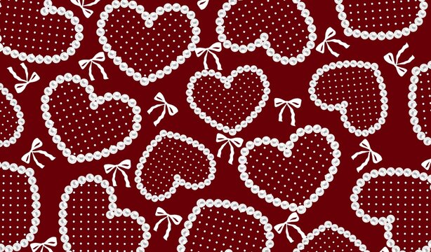 Luxury Pearl Heart Seamless Pattern on Maroon background. Valentine Day Pearl Hearts Background with White Bows