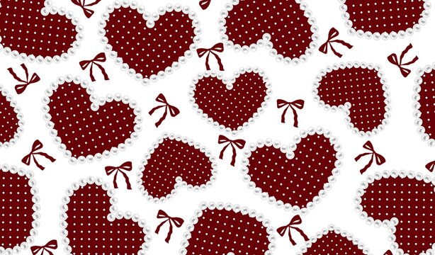 Coquette aesthetic seamless pattern with burgundy polka dot hearts, pearls, and red bows. Romantic Valentine's Day seamless pattern with pearl bordered hearts and red ribbons on white