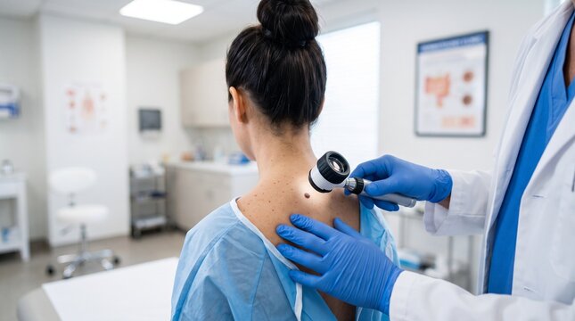 Patient receiving dermatology consultation with doctor, symbolizing skin protection, health monitoring, and clinical examination.