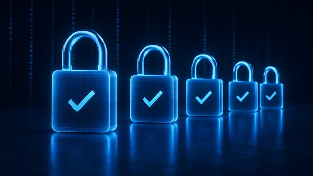 Multi-Layered Cyber Security Padlocks with Checkmarks for Data Protection and Encryption Concept