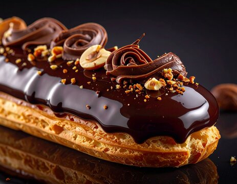 Luxury Chocolate &Eacute;clair with Glossy Ganache and Hazelnut Topping