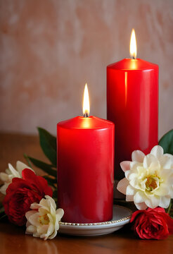 Romantic ambiance and celebration, two red pillar candles burning with flowers on a wooden table for special occasions