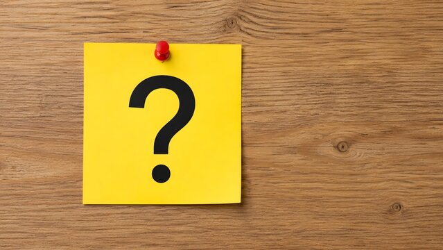 Yellow Sticky Note with Black Question Mark Pinned to Wooden Board Representing FAQ and Unsolved Problems with Copy Space