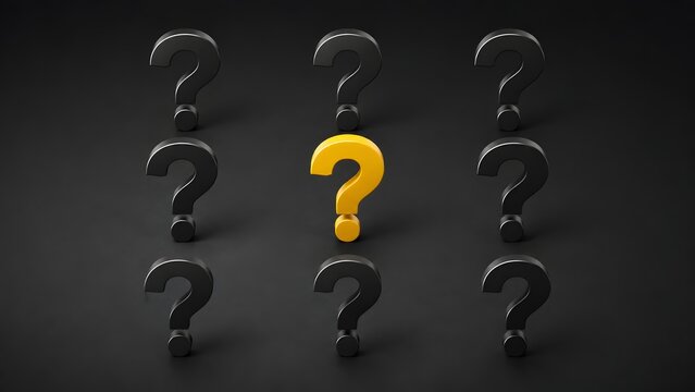 Unique Yellow Question Mark Standing Out Among Black Ones Symbolizing Distinctive Solution and Leadership Concept