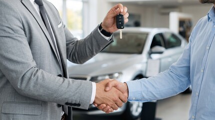Fototapeta premium Car dealership handshake between buyer and salesperson, symbolizing vehicle purchase, trust, agreement, and successful business transaction.