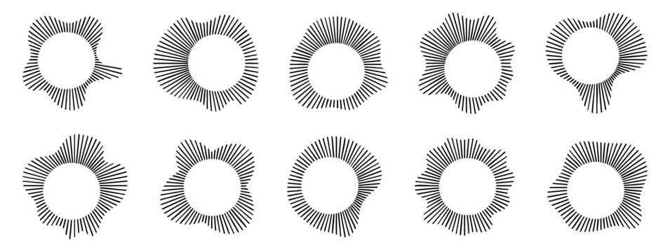 Circular radial line set with different sunburst rings and irregular rays for abstract decoration, emphasis, frames and modern graphic design