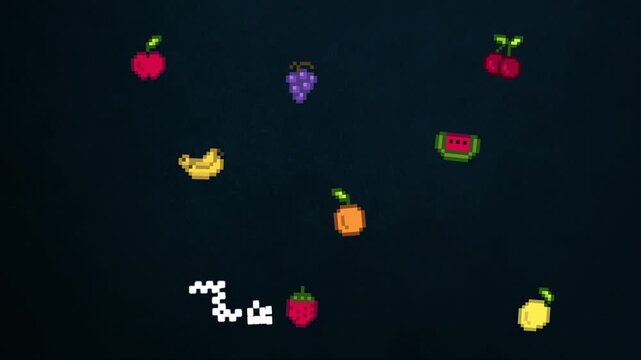 Pixelated fruit icons floating in motion within this retro digital video game animation featuring vibrant colorful 8-bit healthy food graphics