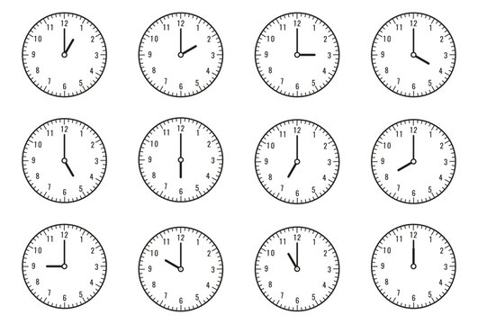 Analog clock set showing different hourly times with simple black outlines, numbers and hands for time, schedule and educational
