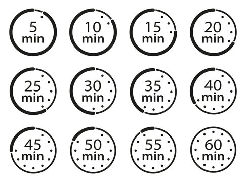 Minute timer icon set from five to sixty minutes with circular progress indicators for countdown, duration, cooking, workout and scheduling concepts