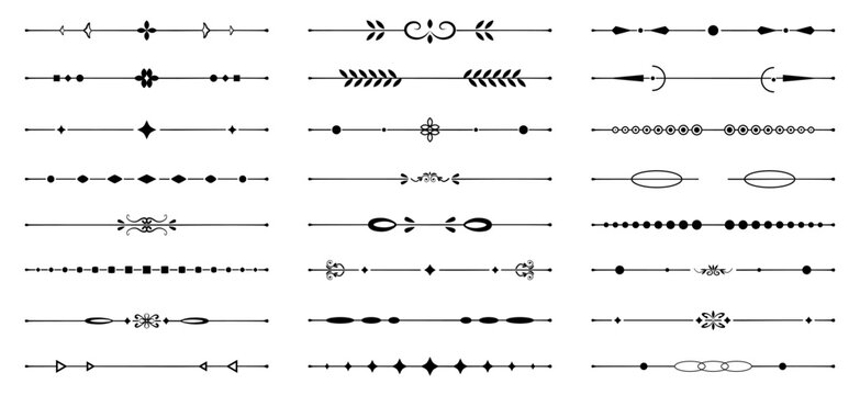 Decorative divider set with elegant horizontal lines, floral ornaments, geometric shapes and botanical details for invitations, documents, cards