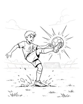 Young boy playing soccer kicking a football in a stadium coloring page with football player kicking ball soccer match line art outline sketch black and whit