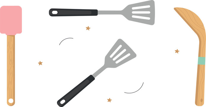 Kitchen Spatula and Turner Utensil Vector Set with Pink Silicone Scraper Slotted Metal Flippers and Wooden Cooking Knife for Culinary Designs