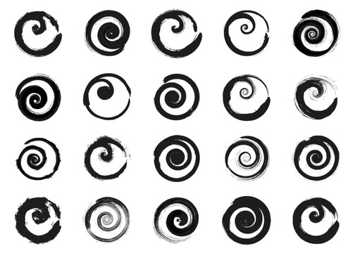 Brush spiral set with different black circular swirls and rough painted strokes for abstract decoration, motion, rotation and artistic graphic design